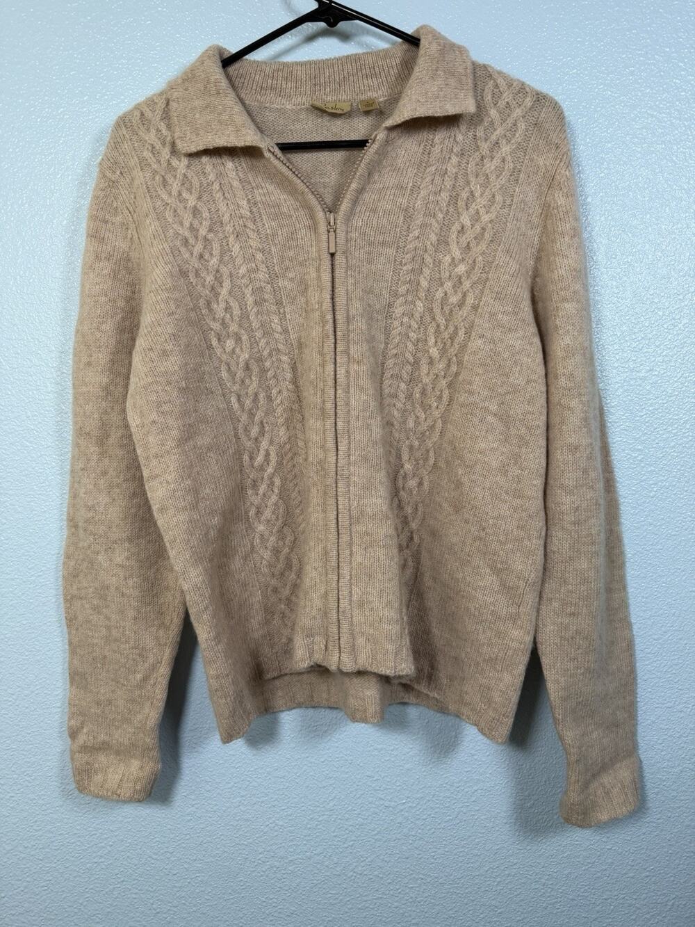Vintage Women’s L 100% Wool Cable Knit Full-Zip Cardigan Beige Oatmweal